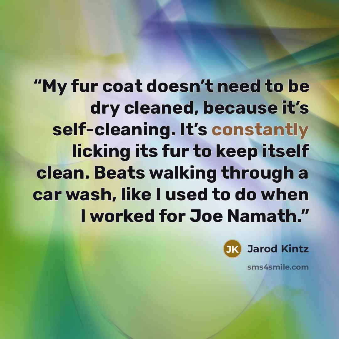 “My fur coat doesn’t need to be dry cleaned, because it’s self-cleaning. It’s constantly licking its fur to keep itself clean. Beats walking through a car wash, like I used to do when I worked for Joe Namath.” quote by Jarod Kintz