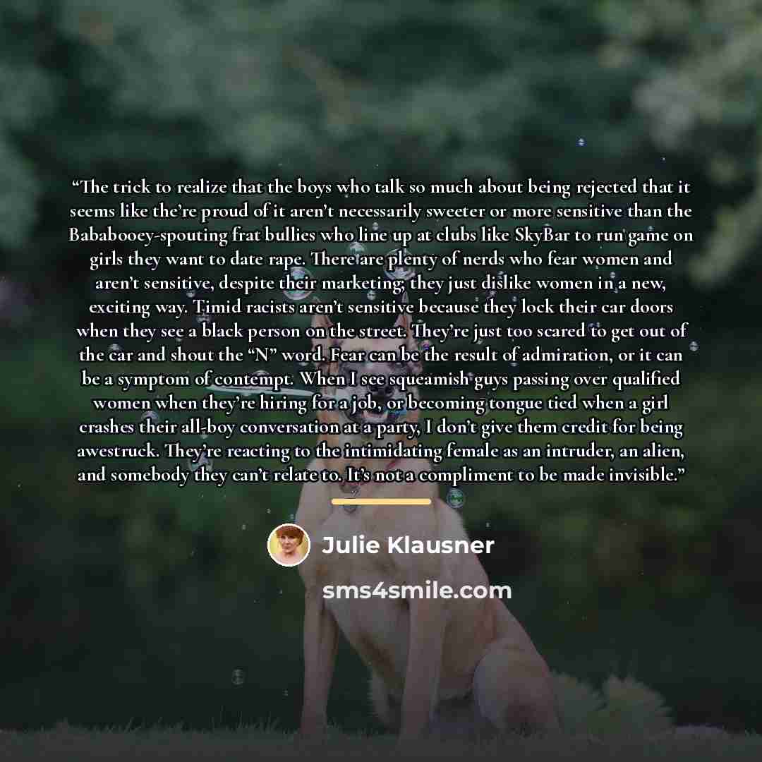 “The trick to realize that the boys who talk so much about being rejected that it seems like the’re proud of it aren’t necessarily sweeter or more sensitive than the Bababooey-spouting frat bullies who line up at clubs like SkyBar to run game on girls they want to date rape. There are plenty of…” quote by Julie Klausner
