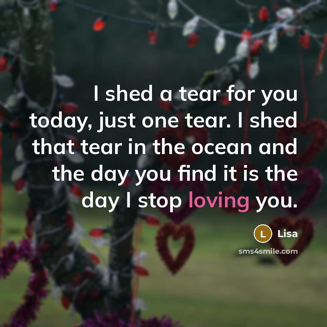“I shed a tear for you today, just one tear. I shed that tear in the ocean and the day you find it is the day I stop loving you.” quote by Lisa