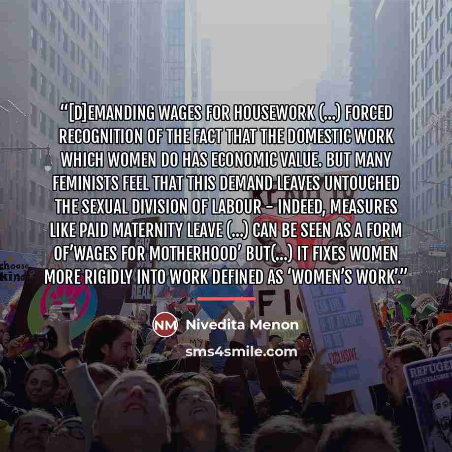 “[D]emanding wages for housework (…) forced recognition of the fact that the domestic work which women do has economic value. But many feminists feel that this demand leaves untouched the sexual division of labour - indeed, measures like paid maternity leave (…) can be seen as a form of’wages for…” quote by Nivedita Menon