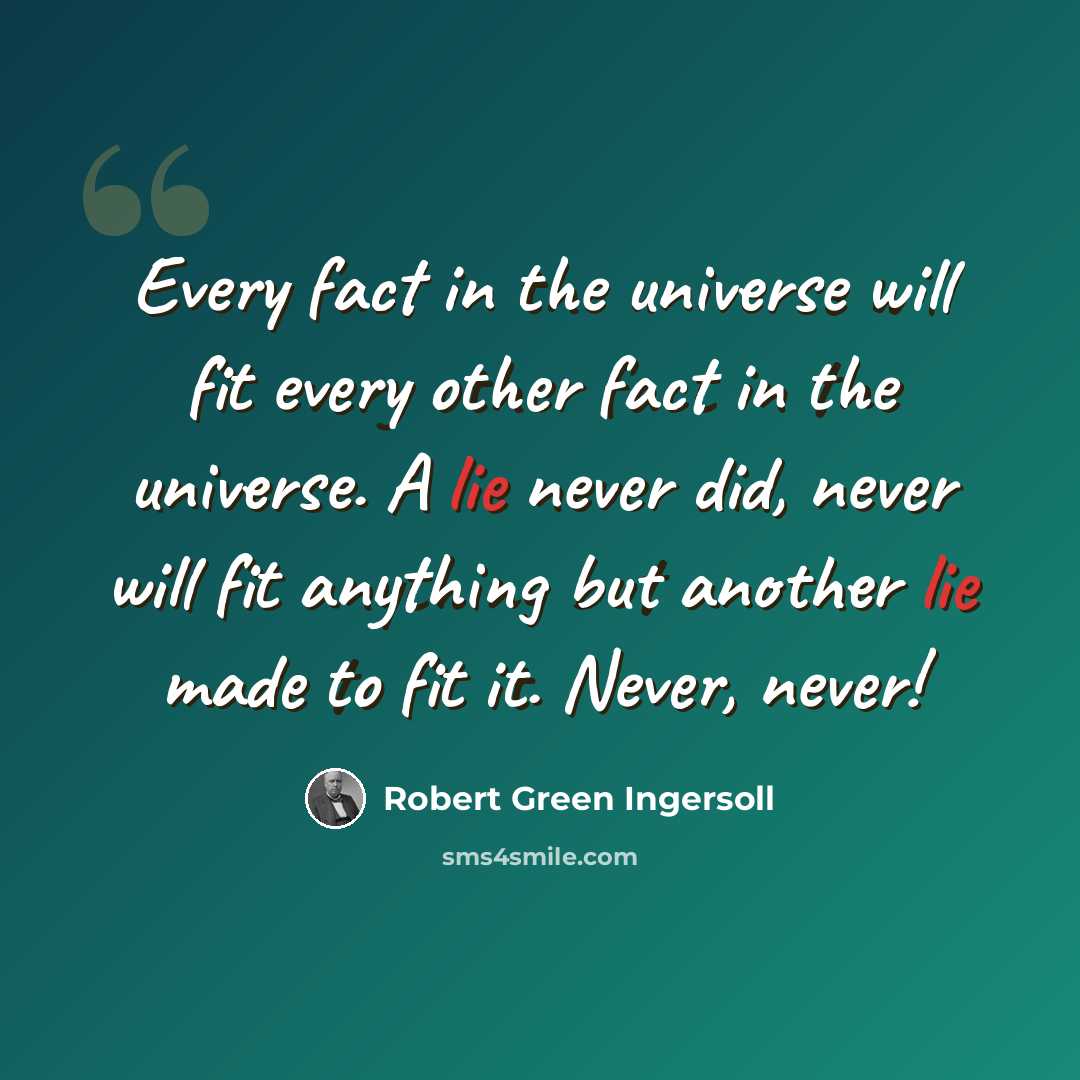 “Every fact in the universe will fit every other fact in the universe. A lie never did, never will fit anything but another lie made to fit it. Never, never!” quote by Robert Green Ingersoll
