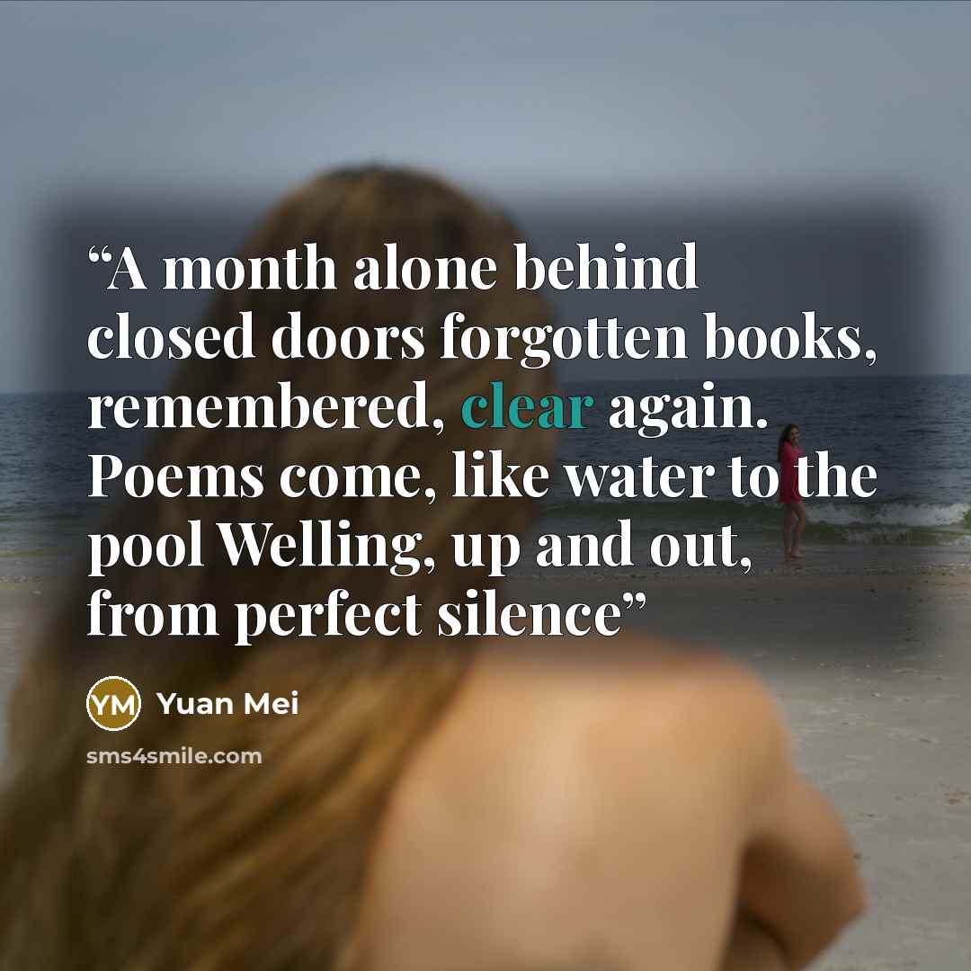“A month alone behind closed doors forgotten books, remembered, clear again. Poems come, like water to the pool Welling, up and out, from perfect silence” quote by Yuan Mei