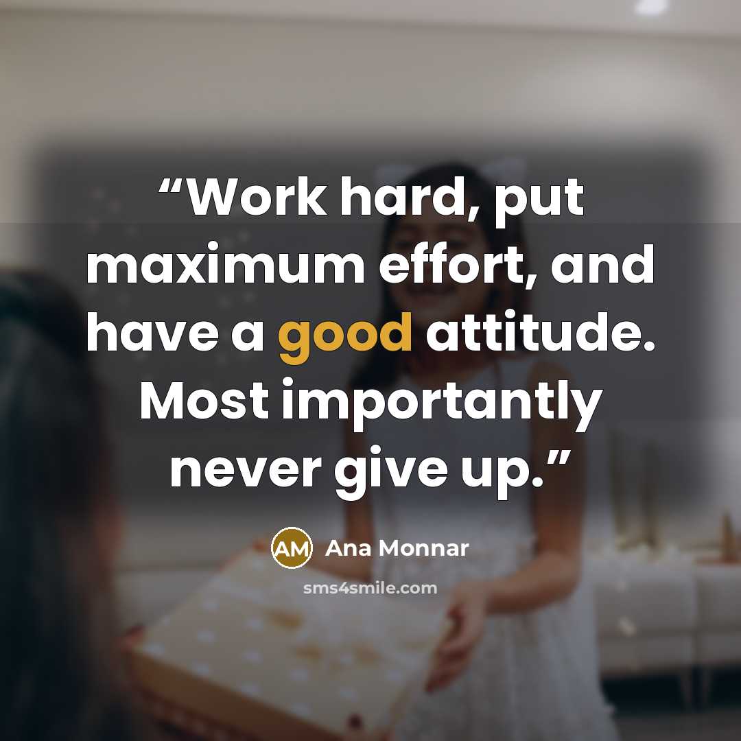 “Work hard, put maximum effort, and have a good attitude. Most importantly never give up.” quote by Ana Monnar