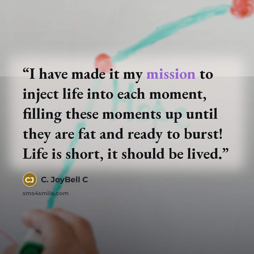 “I have made it my mission to inject life into each moment, filling these moments up until they are fat and ready to burst! Life is short, it should be lived.” quote by C. JoyBell C