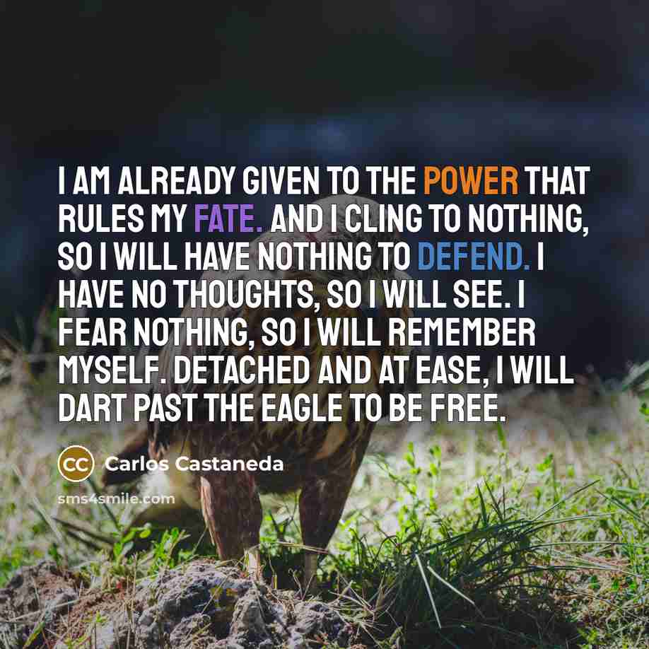 “I am already given to the power that rules my fate. And I cling to nothing, so I will have nothing to defend. I have no thoughts, so I will see. I fear nothing, so I will remember myself. Detached and at ease, I will dart past the Eagle to be free.” quote by Carlos Castaneda