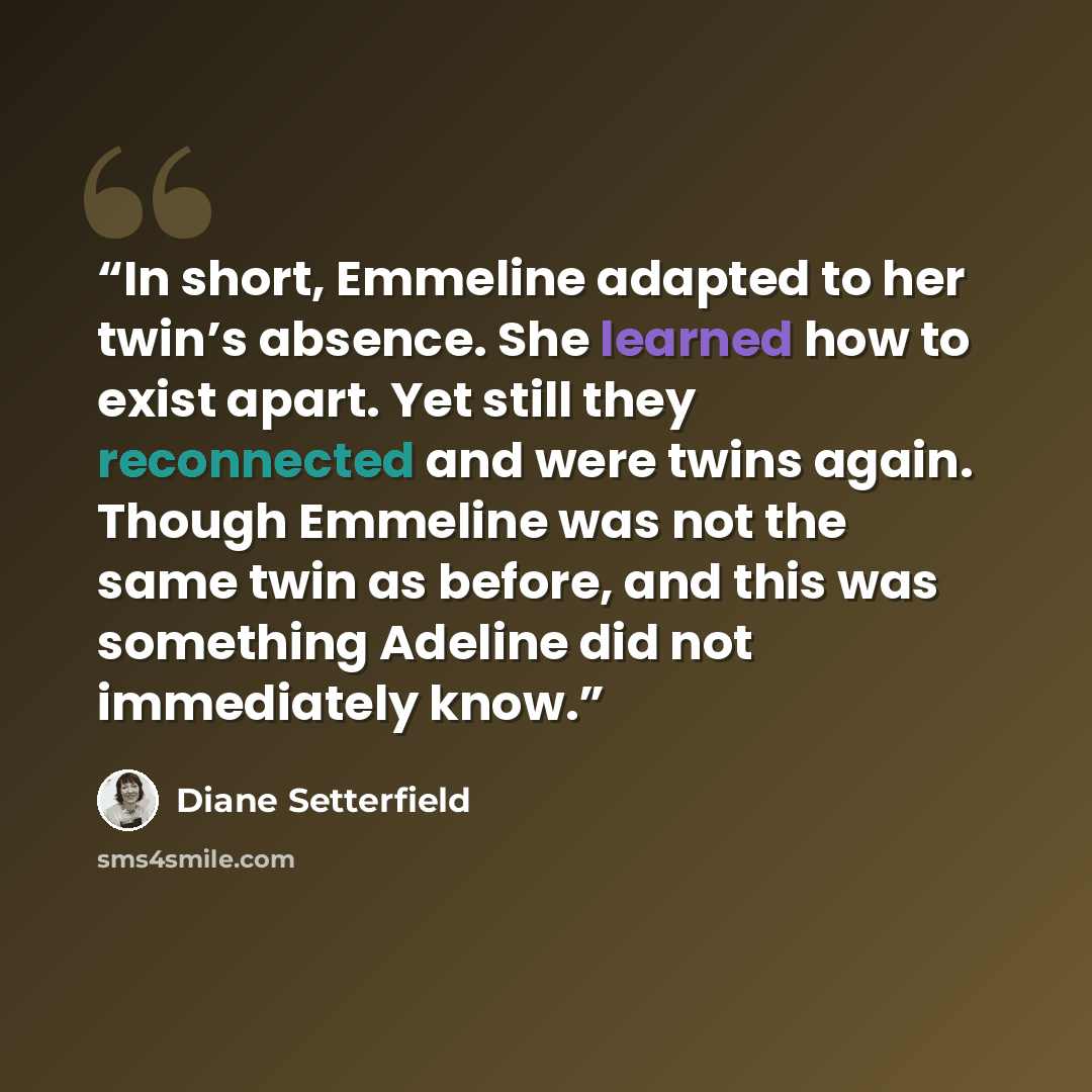 “In short, Emmeline adapted to her twin’s absence. She learned how to exist apart. Yet still they reconnected and were twins again. Though Emmeline was not the same twin as before, and this was something Adeline did not immediately know.” quote by Diane Setterfield