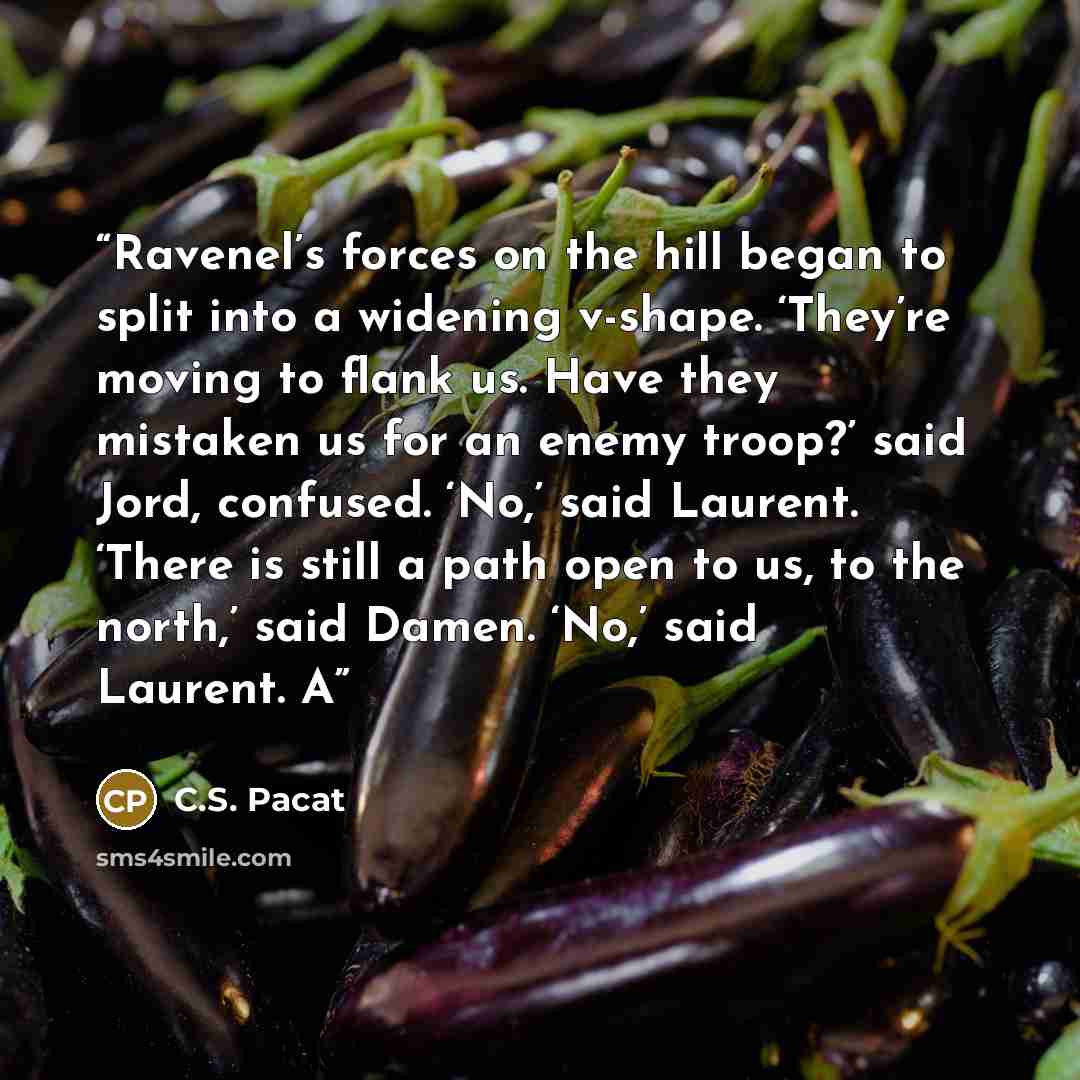 “Ravenel’s forces on the hill began to split into a widening v-shape. ‘They’re moving to flank us. Have they mistaken us for an enemy troop?’ said Jord, confused. ‘No,’ said Laurent. ‘There is still a path open to us, to the north,’ said Damen. ‘No,’ said Laurent. A” quote by C.S. Pacat
