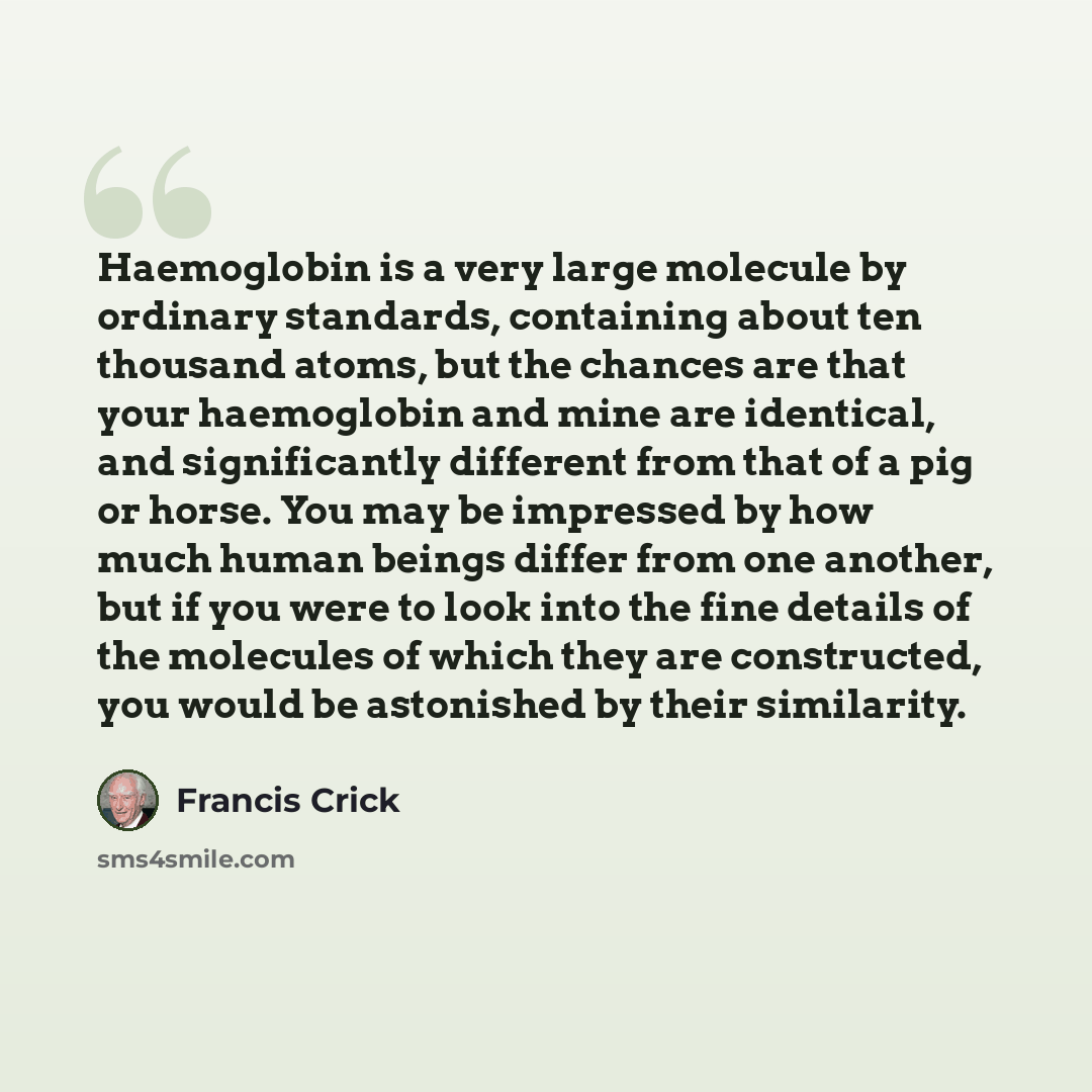 “Haemoglobin is a very large molecule by ordinary standards, containing about ten thousand atoms, but the chances are that your haemoglobin and mine are identical, and significantly different from that of a pig or horse. You may be impressed by how much human beings differ from one another, but if…” quote by Francis Crick