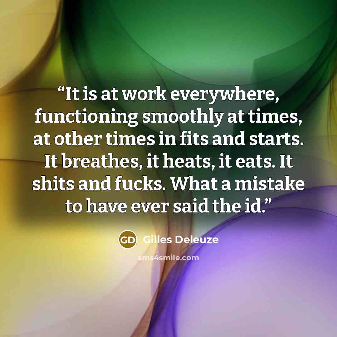 “It is at work everywhere, functioning smoothly at times, at other times in fits and starts. It breathes, it heats, it eats. It shits and fucks. What a mistake to have ever said the id.” quote by Gilles Deleuze