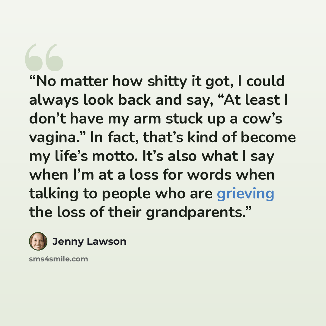 “No matter how shitty it got, I could always look back and say, “At least I don’t have my arm stuck up a cow’s vagina.” In fact, that’s kind of become my life’s motto. It’s also what I say when I’m at a loss for words when talking to people who are grieving the loss of their grandparents.” quote by Jenny Lawson