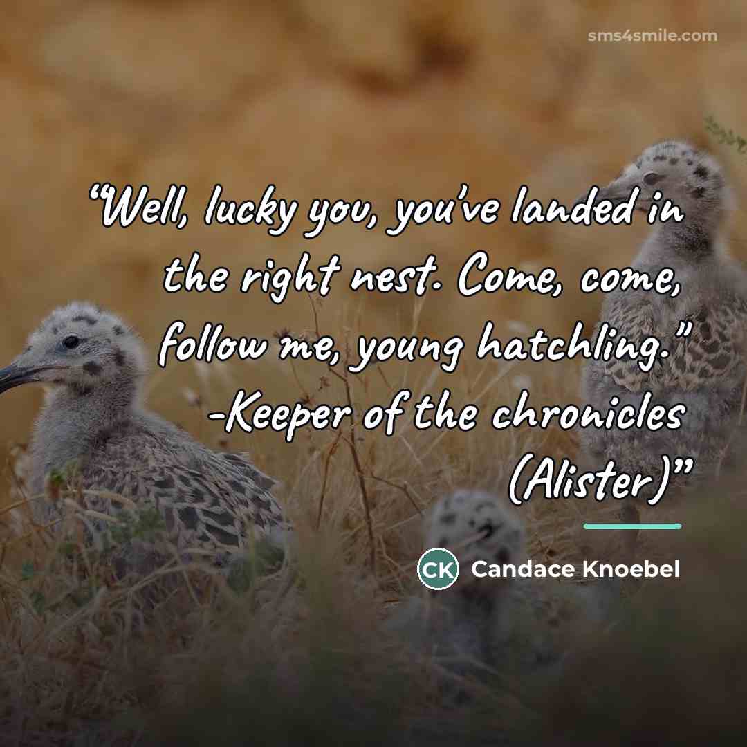 “Well, lucky you, you've landed in the right nest. Come, come, follow me, young hatchling." -Keeper of the chronicles (Alister)” quote by Candace Knoebel