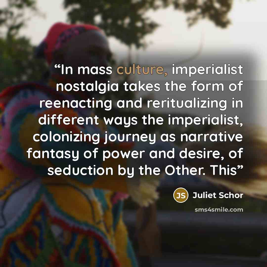“In mass culture, imperialist nostalgia takes the form of reenacting and reritualizing in different ways the imperialist, colonizing journey as narrative fantasy of power and desire, of seduction by the Other. This” quote by Juliet Schor