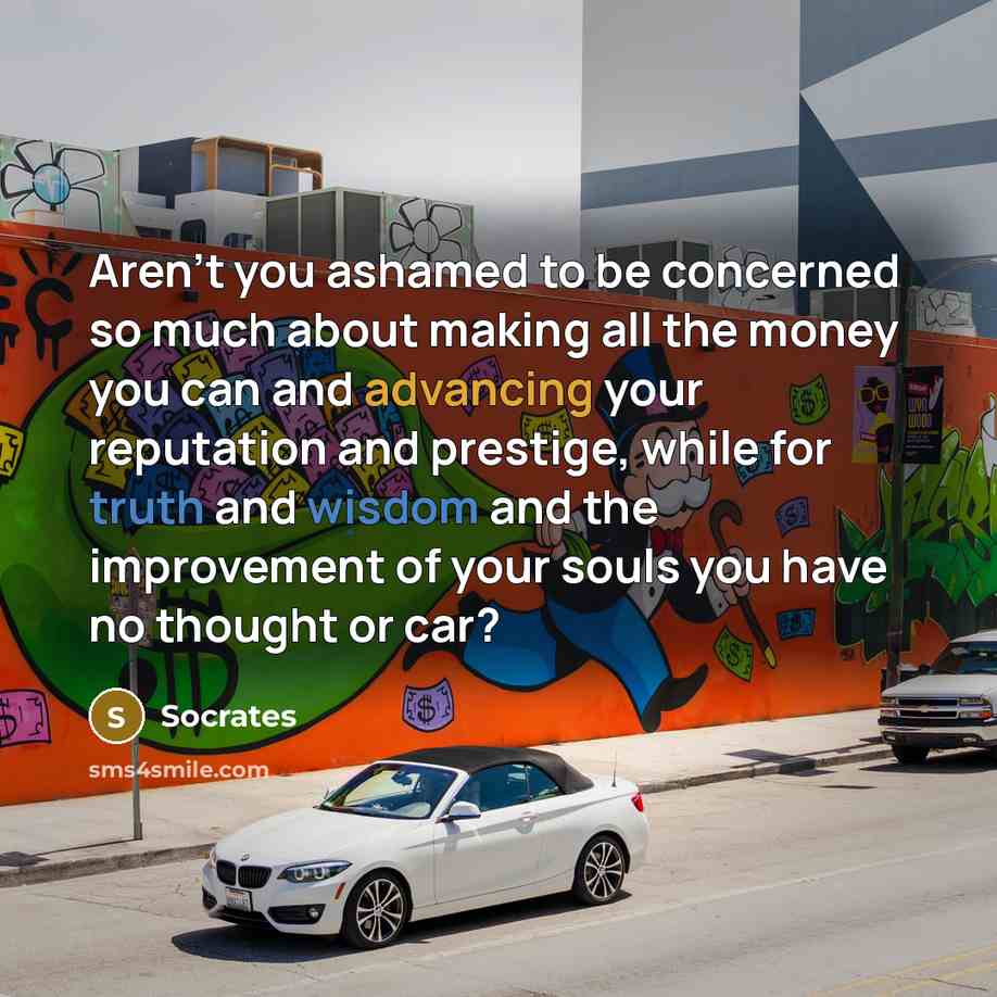 “Aren't you ashamed to be concerned so much about making all the money you can and advancing your reputation and prestige, while for truth and wisdom and the improvement of your souls you have no thought or car?” quote by Socrates