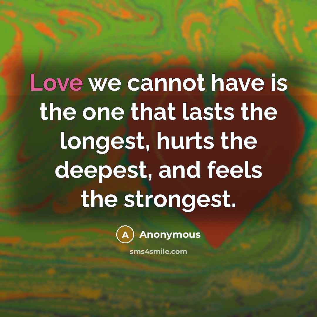 “Love we cannot have is the one that lasts the longest, hurts the deepest, and feels the strongest.” quote by Anonymous