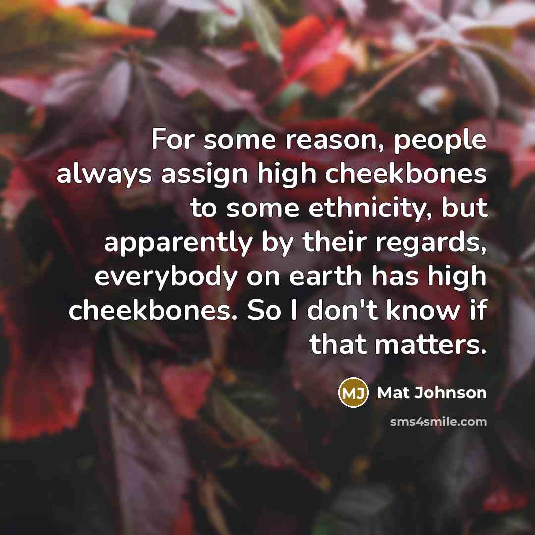 “For some reason, people always assign high cheekbones to some ethnicity, but apparently by their regards, everybody on earth has high cheekbones. So I don't know if that matters.” quote by Mat Johnson