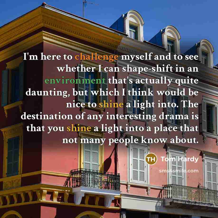 “I'm here to challenge myself and to see whether I can shape-shift in an environment that's actually quite daunting, but which I think would be nice to shine a light into. The destination of any interesting drama is that you shine a light into a place that not many people know about.” quote by Tom Hardy