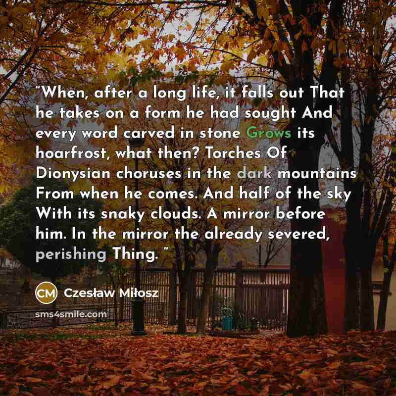 “When, after a long life, it falls out That he takes on a form he had sought And every word carved in stone Grows its hoarfrost, what then? Torches Of Dionysian choruses in the dark mountains From when he comes. And half of the sky With its snaky clouds. A mirror before him. In the mirror the…” quote by Czesław Miłosz