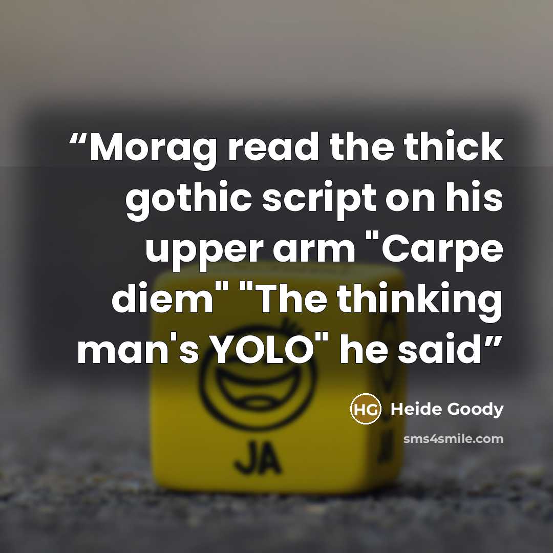 “Morag read the thick gothic script on his upper arm "Carpe diem" "The thinking man's YOLO" he said” quote by Heide Goody