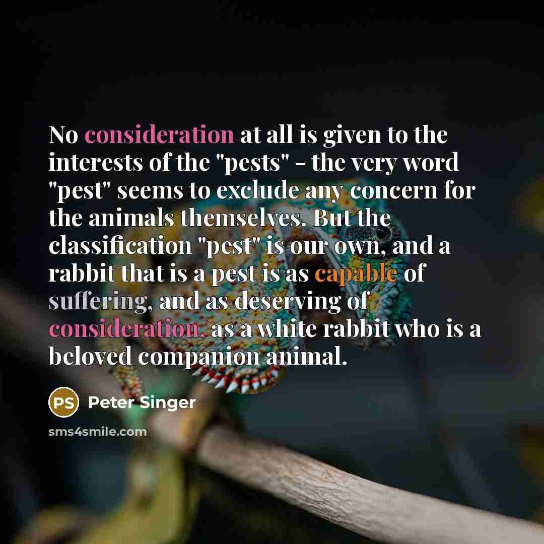 “No consideration at all is given to the interests of the "pests" - the very word "pest" seems to exclude any concern for the animals themselves. But the classification "pest" is our own, and a rabbit that is a pest is as capable of suffering, and as deserving of consideration, as a white rabbit…” quote by Peter Singer
