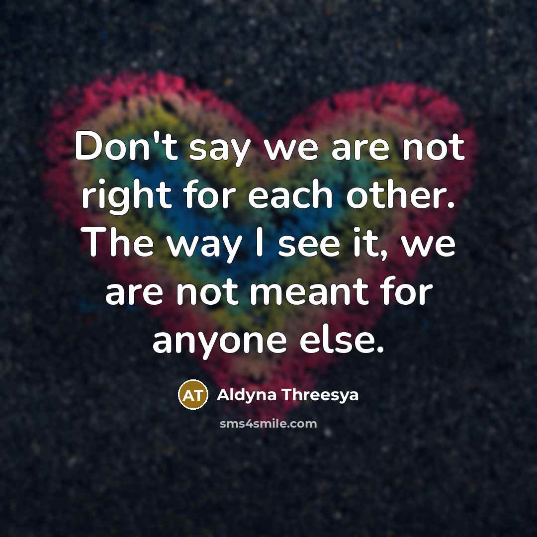 “Don't say we are not right for each other. The way I see it, we are not meant for anyone else.” quote by Aldyna Threesya