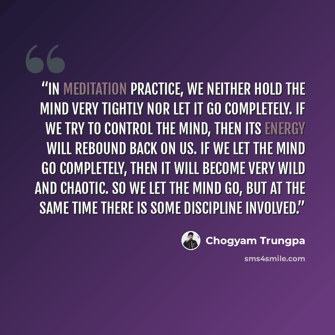 “In meditation practice, we neither hold the mind very tightly nor let it go completely. If we try to control the mind, then its energy will rebound back on us. If we let the mind go completely, then it will become very wild and chaotic. So we let the mind go, but at the same time there is some…” quote by Chogyam Trungpa