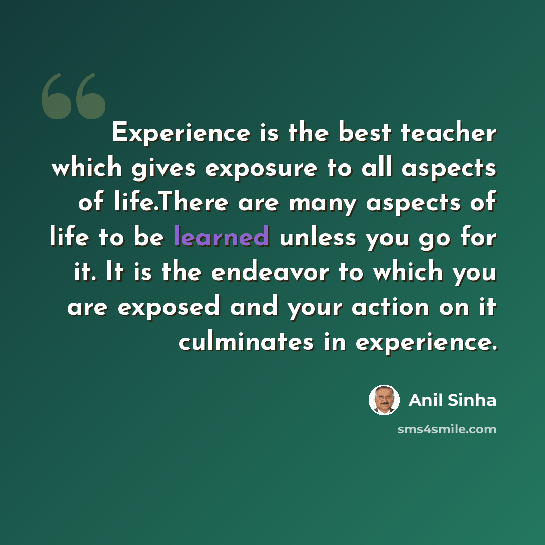 “Experience is the best teacher which gives exposure to all aspects of life.There are many aspects of life to be learned unless you go for it. It is the endeavor to which you are exposed and your action on it culminates in experience.” quote by Anil Sinha