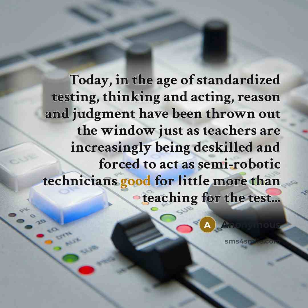 “Today, in the age of standardized testing, thinking and acting, reason and judgment have been thrown out the window just as teachers are increasingly being deskilled and forced to act as semi-robotic technicians good for little more than teaching for the test...” quote by Anonymous