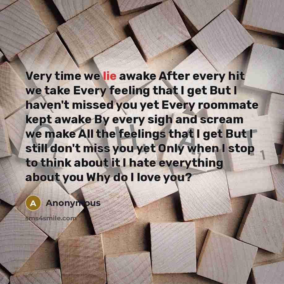 “Very time we lie awake After every hit we take Every feeling that I get But I haven't missed you yet Every roommate kept awake By every sigh and scream we make All the feelings that I get But I still don't miss you yet Only when I stop to think about it I hate everything about you Why do I love you?” quote by Anonymous