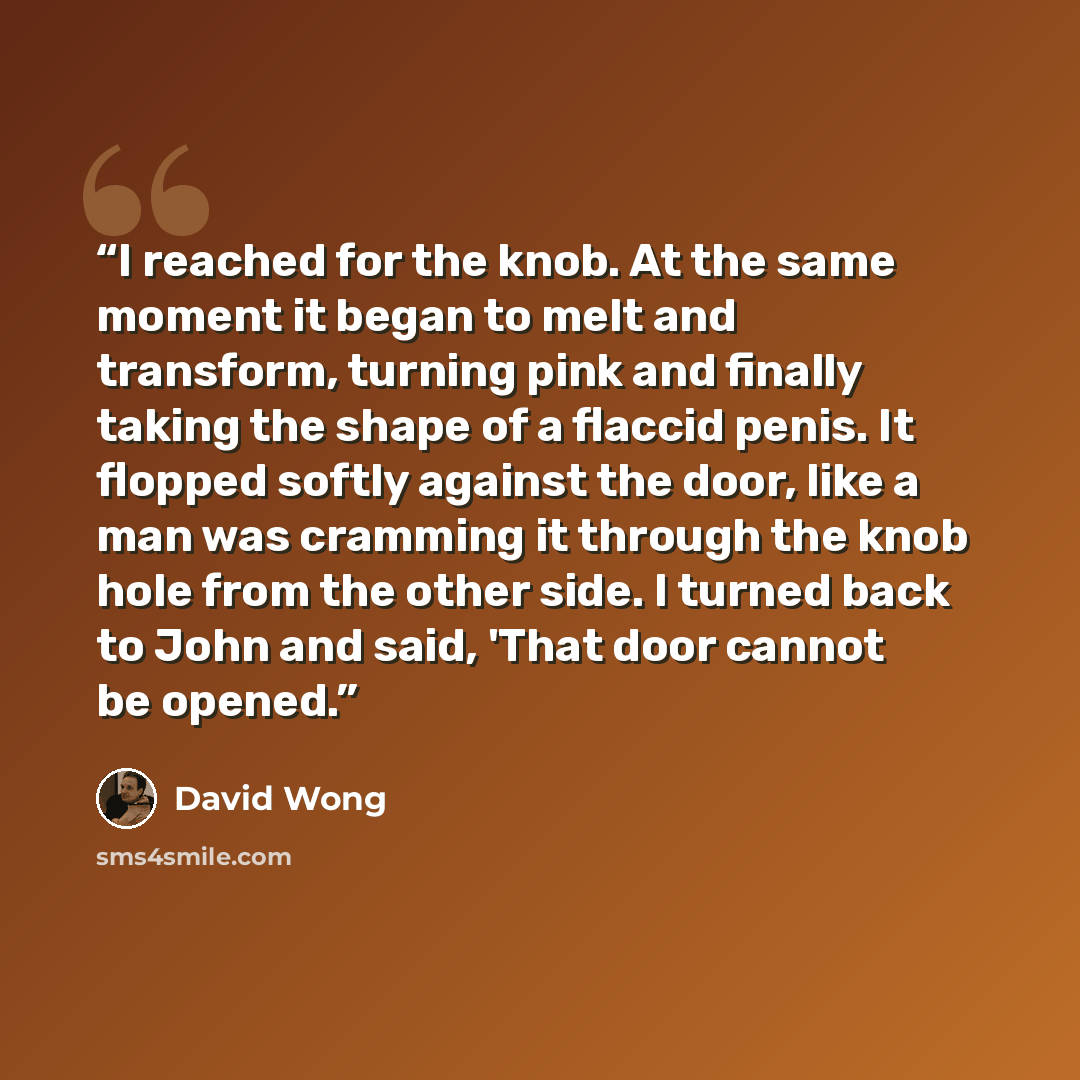“I reached for the knob. At the same moment it began to melt and transform, turning pink and finally taking the shape of a flaccid penis. It flopped softly against the door, like a man was cramming it through the knob hole from the other side. I turned back to John and said, 'That door cannot be…” quote by David Wong