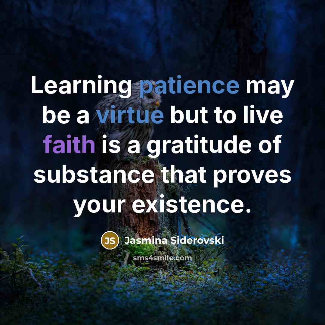“Learning patience may be a virtue but to live faith is a gratitude of substance that proves your existence.” quote by Jasmina Siderovski
