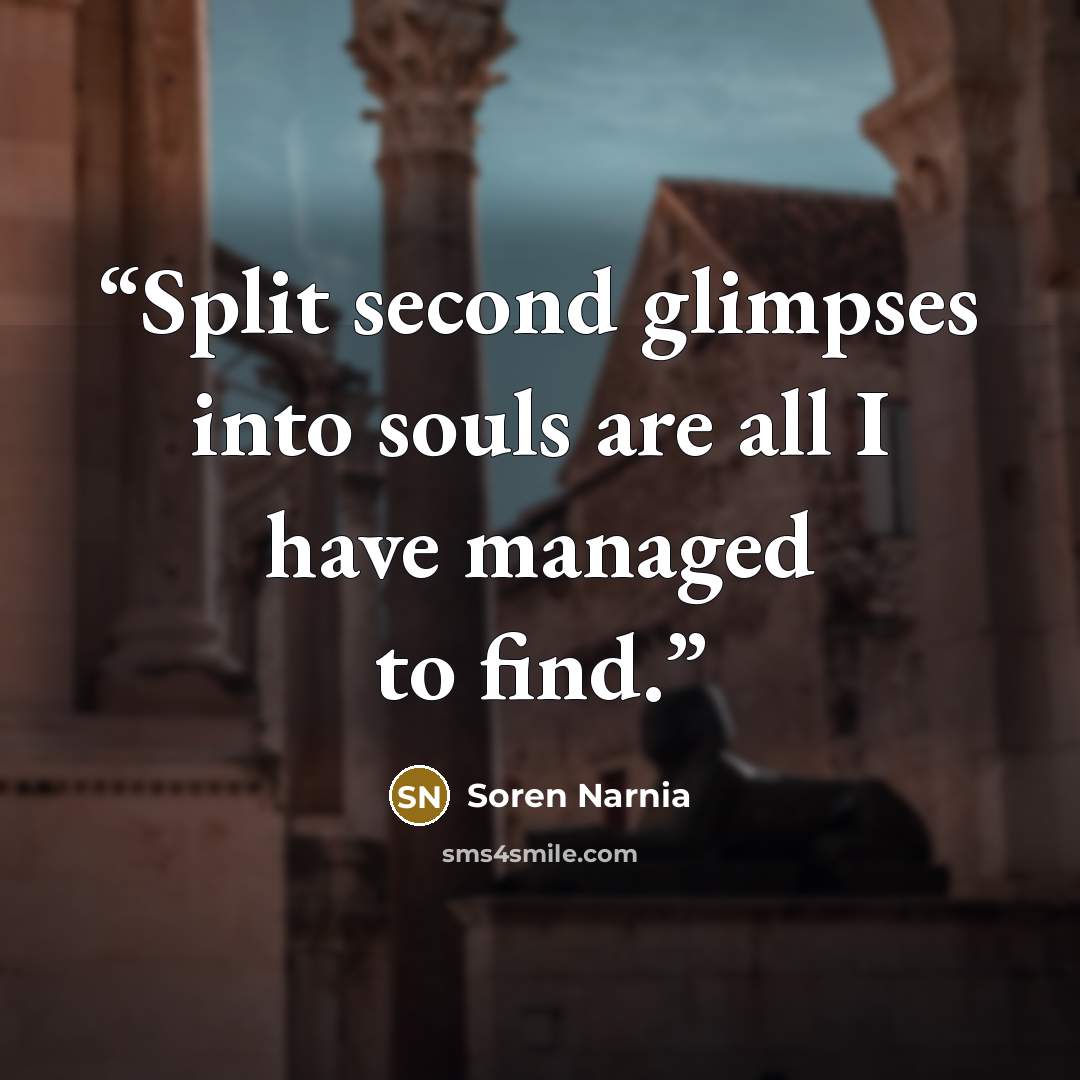 “Split second glimpses into souls are all I have managed to find.” quote by Soren Narnia