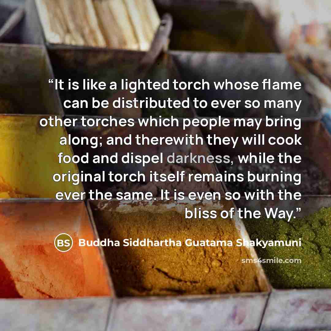 “It is like a lighted torch whose flame can be distributed to ever so many other torches which people may bring along; and therewith they will cook food and dispel darkness, while the original torch itself remains burning ever the same. It is even so with the bliss of the Way.” quote by Buddha Siddhartha Guatama Shakyamuni