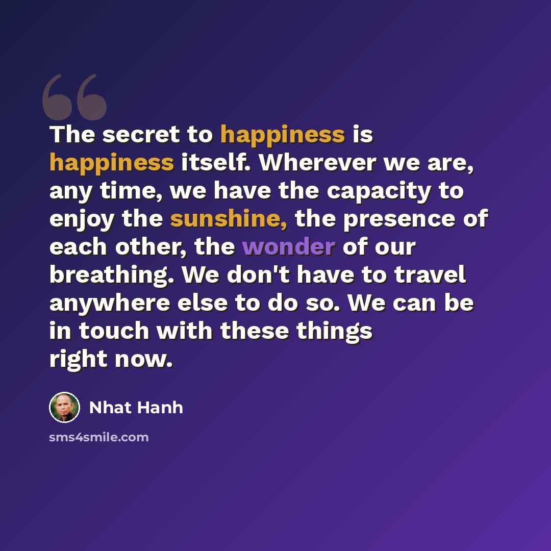 “The secret to happiness is happiness itself. Wherever we are, any time, we have the capacity to enjoy the sunshine, the presence of each other, the wonder of our breathing. We don't have to travel anywhere else to do so. We can be in touch with these things right now.” quote by Nhat Hanh