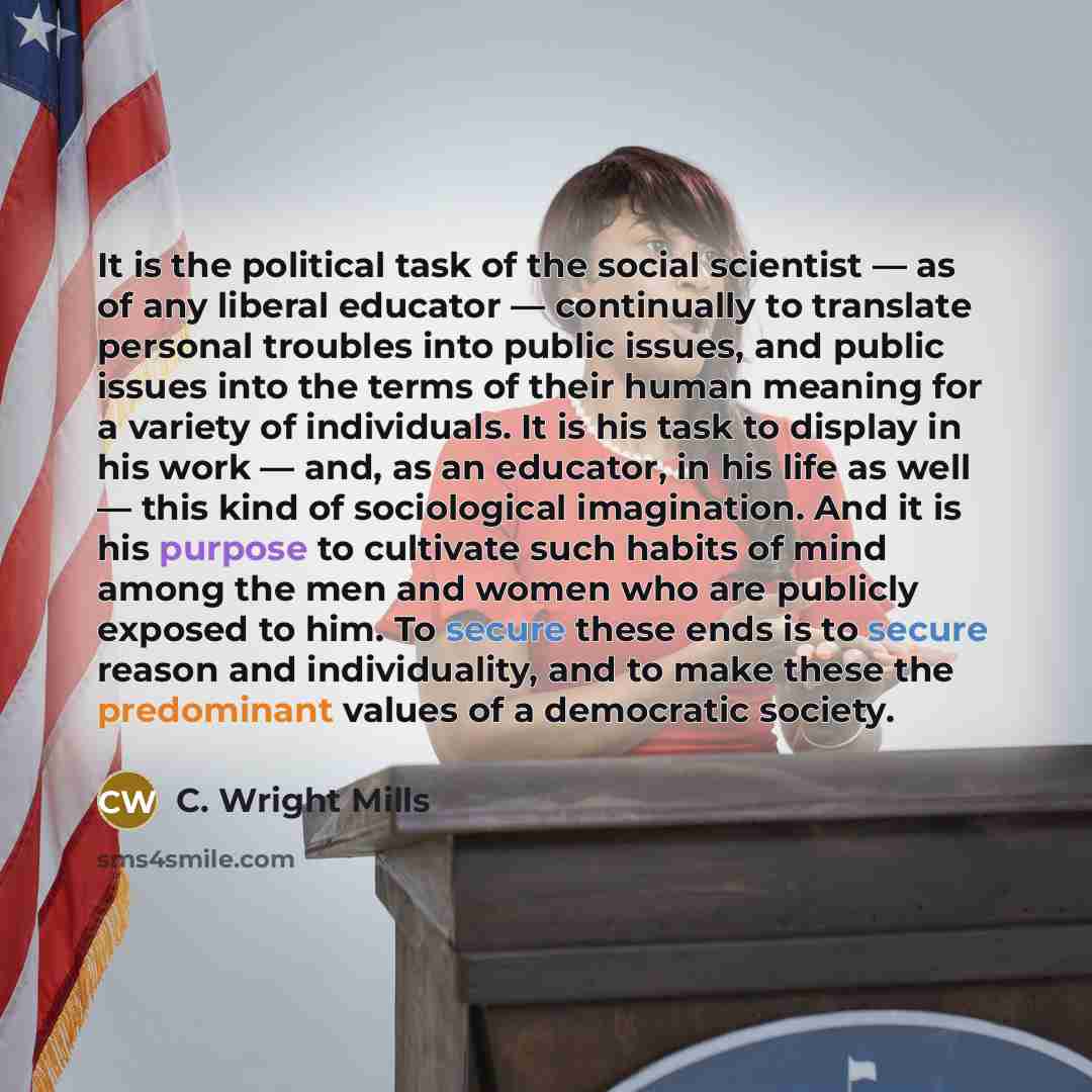 “It is the political task of the social scientist — as of any liberal educator — continually to translate personal troubles into public issues, and public issues into the terms of their human meaning for a variety of individuals. It is his task to display in his work — and, as an educator, in his…” quote by C. Wright Mills