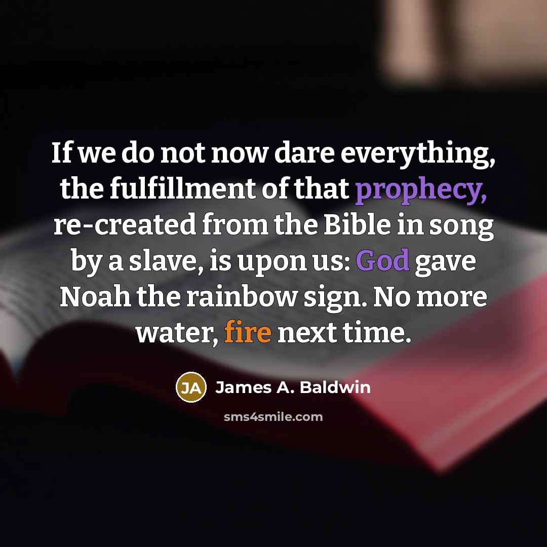 “If we do not now dare everything, the fulfillment of that prophecy, re-created from the Bible in song by a slave, is upon us: God gave Noah the rainbow sign. No more water, fire next time.” quote by James A. Baldwin