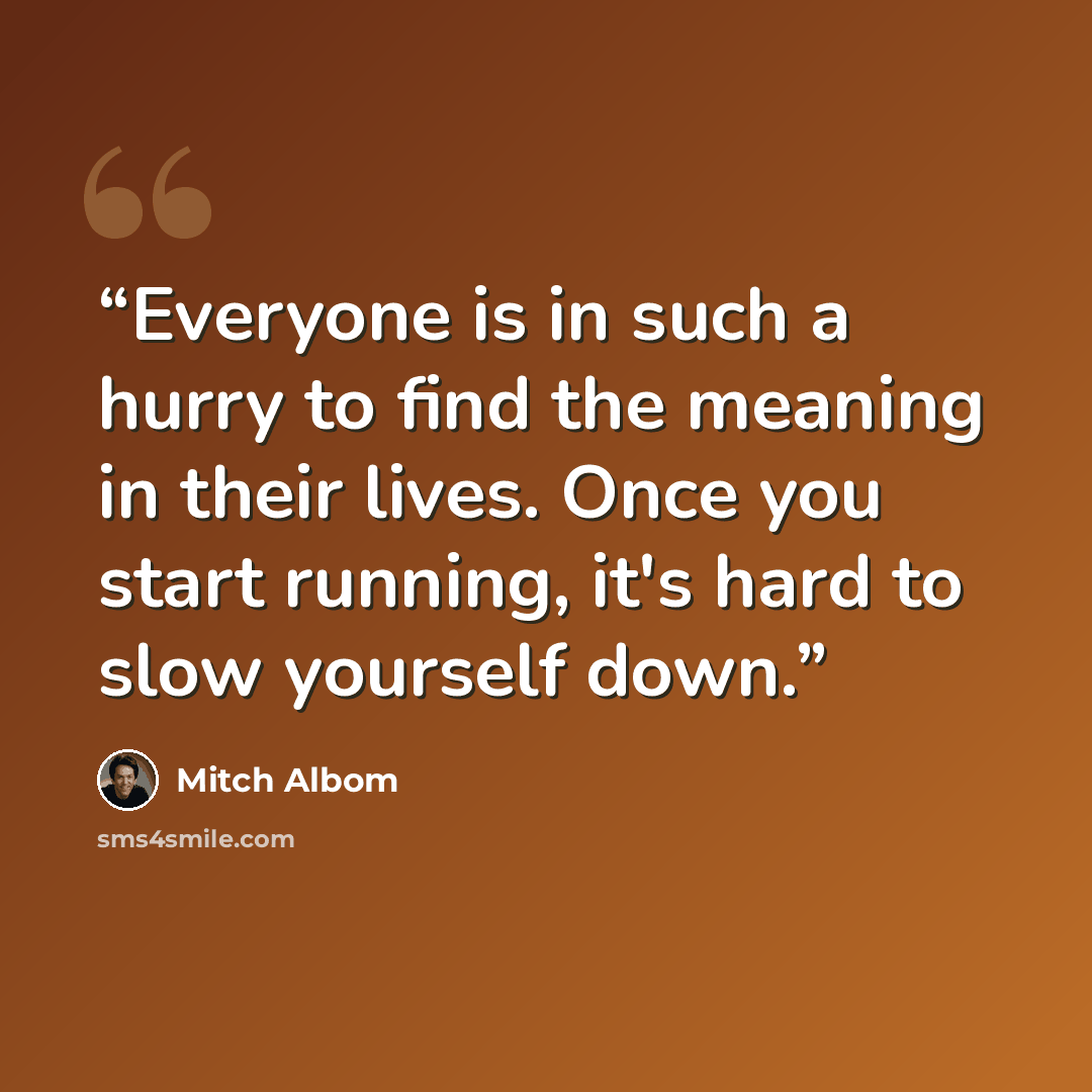 “Everyone is in such a hurry to find the meaning in their lives. Once you start running, it's hard to slow yourself down.” quote by Mitch Albom