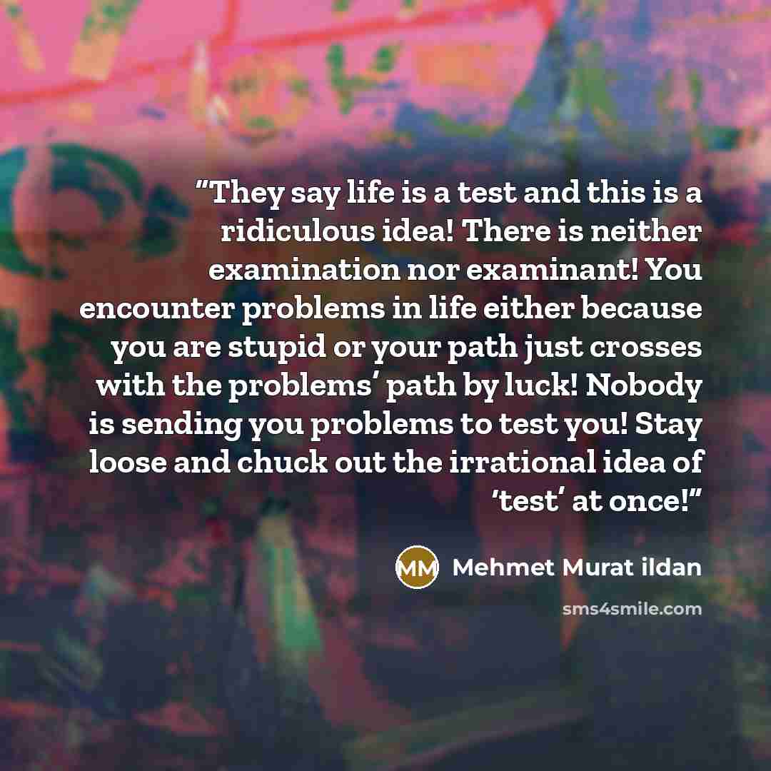 “They say life is a test and this is a ridiculous idea! There is neither examination nor examinant! You encounter problems in life either because you are stupid or your path just crosses with the problems’ path by luck! Nobody is sending you problems to test you! Stay loose and chuck out the…” quote by Mehmet Murat ildan