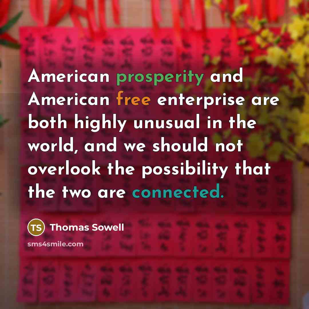 “American prosperity and American free enterprise are both highly unusual in the world, and we should not overlook the possibility that the two are connected.” quote by Thomas Sowell