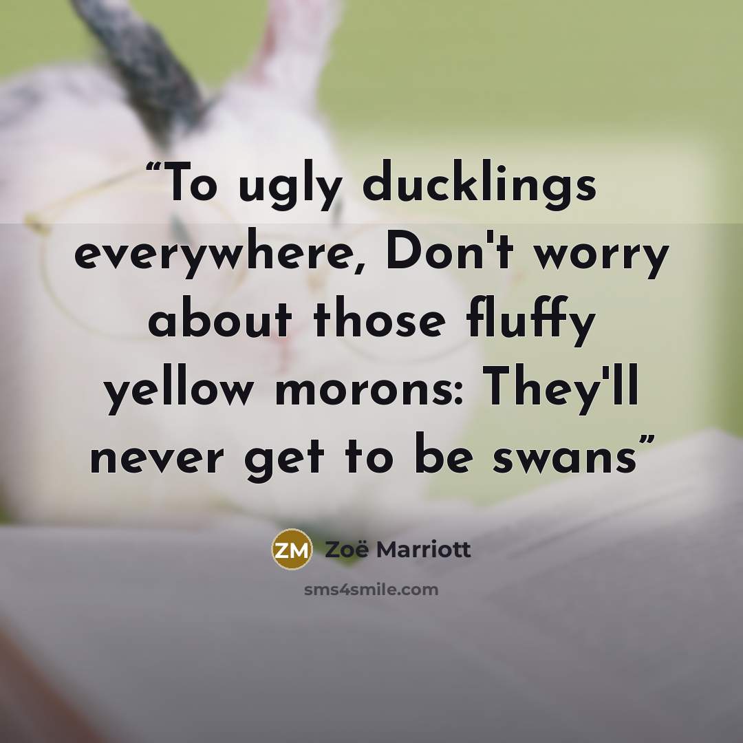 “To ugly ducklings everywhere, Don't worry about those fluffy yellow morons: They'll never get to be swans” quote by Zoë Marriott