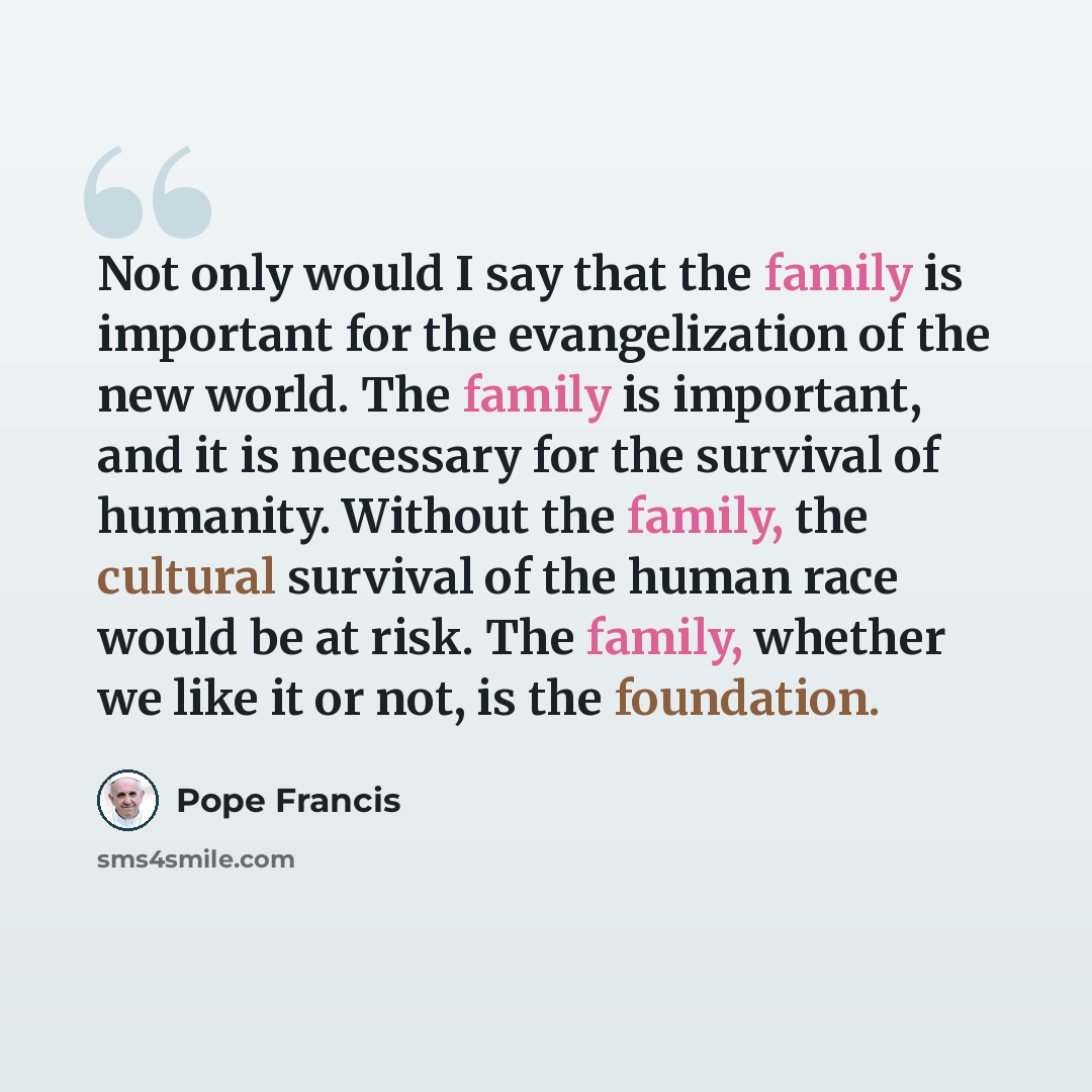 “Not only would I say that the family is important for the evangelization of the new world. The family is important, and it is necessary for the survival of humanity. Without the family, the cultural survival of the human race would be at risk. The family, whether we like it or not, is the…” quote by Pope Francis