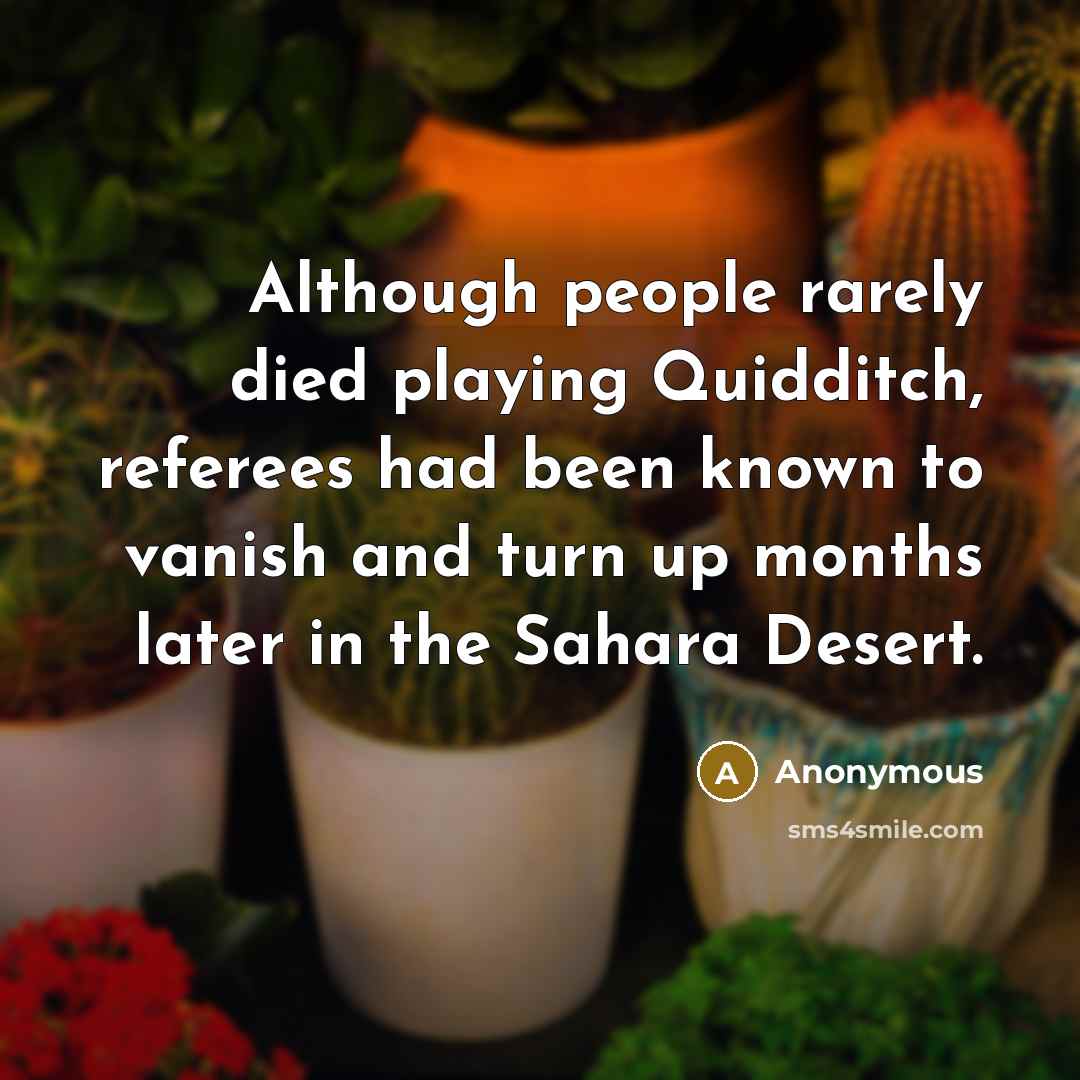 “Although people rarely died playing Quidditch, referees had been known to vanish and turn up months later in the Sahara Desert.” quote by Anonymous