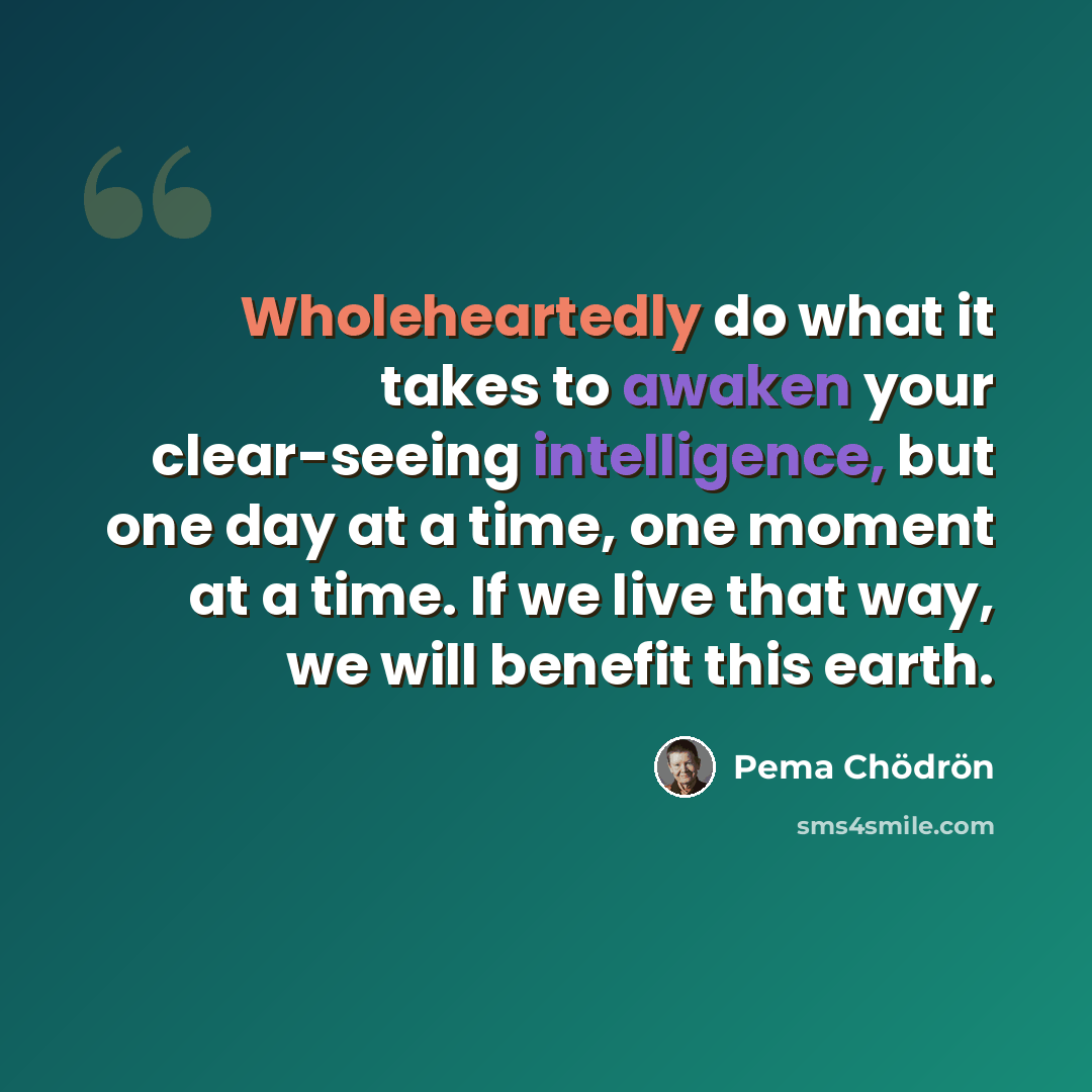 “Wholeheartedly do what it takes to awaken your clear-seeing intelligence, but one day at a time, one moment at a time. If we live that way, we will benefit this earth.” quote by Pema Chodron