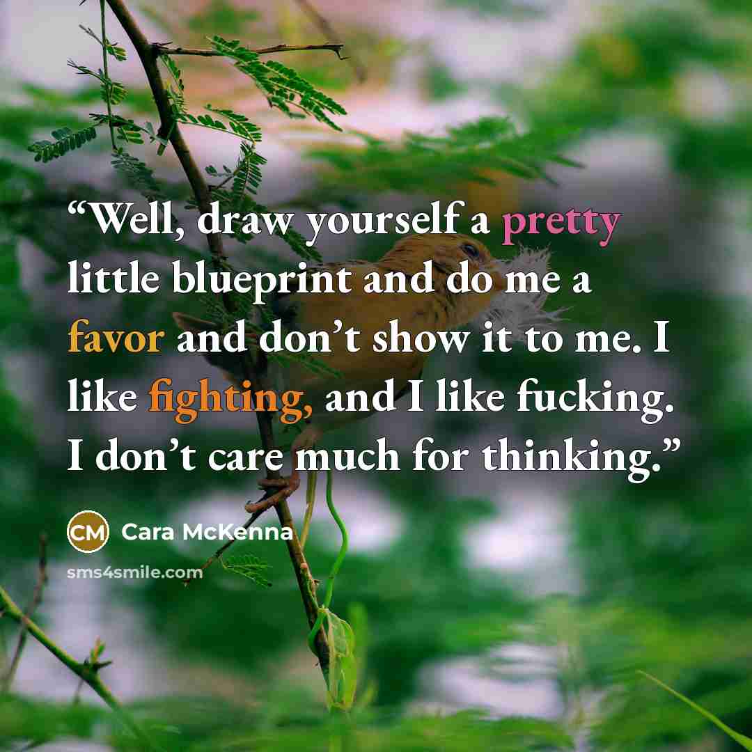 “Well, draw yourself a pretty little blueprint and do me a favor and don’t show it to me. I like fighting, and I like fucking. I don’t care much for thinking.” quote by Cara McKenna
