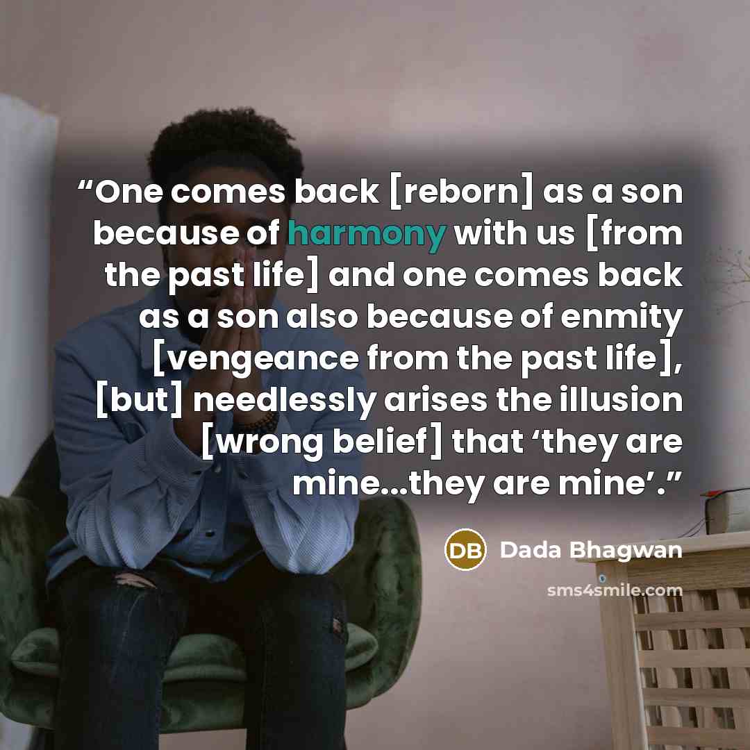 “One comes back [reborn] as a son because of harmony with us [from the past life] and one comes back as a son also because of enmity [vengeance from the past life], [but] needlessly arises the illusion [wrong belief] that ‘they are mine...they are mine’.” quote by Dada Bhagwan