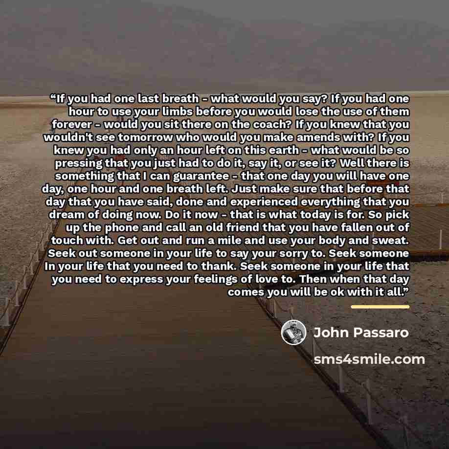 “If you had one last breath - what would you say? If you had one hour to use your limbs before you would lose the use of them forever - would you sit there on the coach? If you knew that you wouldn't see tomorrow who would you make amends with? If you knew you had only an hour left on this earth…” quote by John Passaro