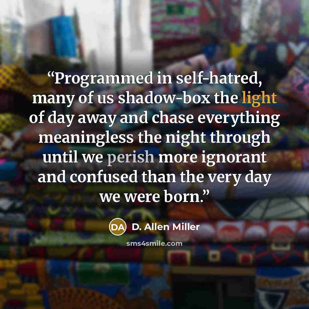 “Programmed in self-hatred, many of us shadow-box the light of day away and chase everything meaningless the night through until we perish more ignorant and confused than the very day we were born.” quote by D. Allen Miller