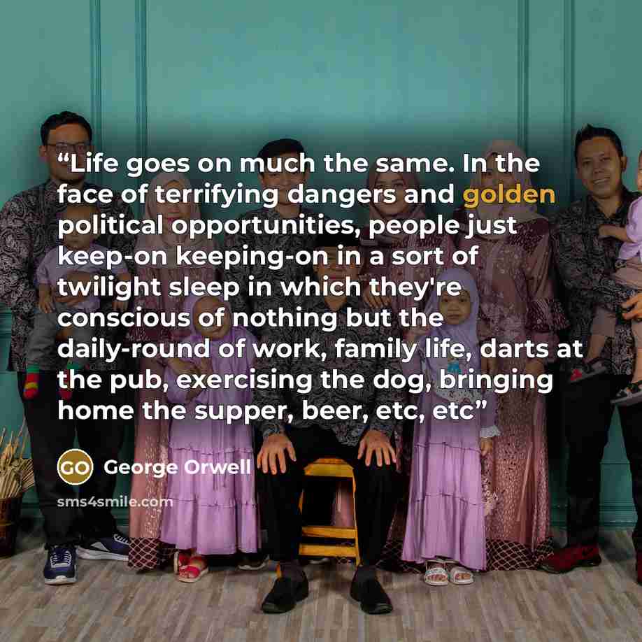 “Life goes on much the same. In the face of terrifying dangers and golden political opportunities, people just keep-on keeping-on in a sort of twilight sleep in which they're conscious of nothing but the daily-round of work, family life, darts at the pub, exercising the dog, bringing home the…” quote by George Orwell