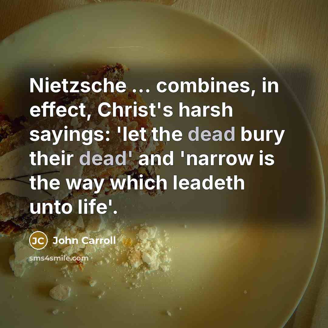 “Nietzsche ... combines, in effect, Christ's harsh sayings: 'let the dead bury their dead' and 'narrow is the way which leadeth unto life'.” quote by John Carroll