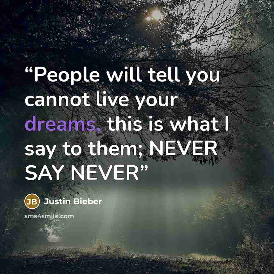 “People will tell you cannot live your dreams, this is what I say to them; NEVER SAY NEVER” quote by Justin Bieber