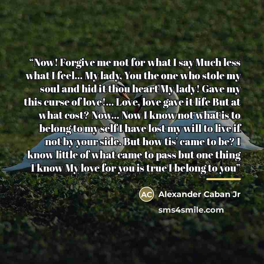 “Now! Forgive me not for what I say Much less what I feel... My lady, You the one who stole my soul and hid it thou heart My lady! Gave my this curse of love!... Love, love gave it life But at what cost? Now... Now I know not what is to belong to my self I have lost my will to live if not by your…” quote by Alexander Caban Jr